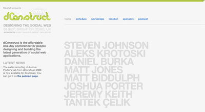 Speakers are the priority on the 2008 dConstruct site's homepage ...