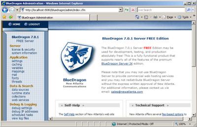 Figure 3. The main admin console of the BlueDragon server