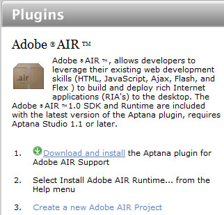 Figure 1. The download page for the Aptana Studio AIR plugin