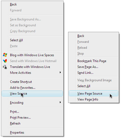 Selecting the View Source command after right-clicking on a web page (as seen in Internet Explorer a