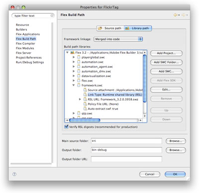 The Project Settings dialog showing the Flex Build Path settings