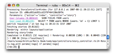  The ruby-debug interactive prompt appears within the server console