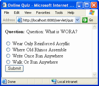 The completed QuizServlet in action