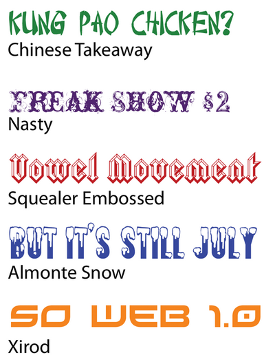 Five examples of novelty fonts