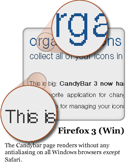 Firefox and Safari on Windows rendering Panic.com's Candybar web site.